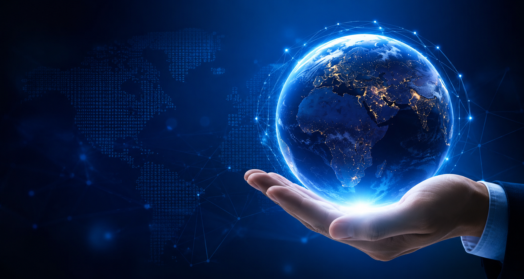 A hand holding a glowing connected globe